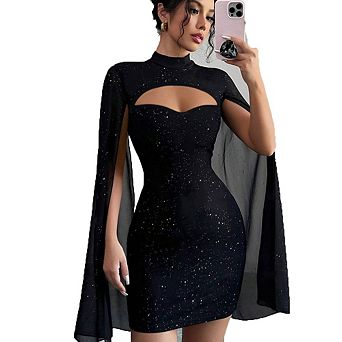 Women's High Neck Cutout Cape Sleeve Glitter Mini Dress Bodycon Party Dress