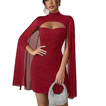 Women's High Neck Cutout Cape Sleeve Glitter Mini Dress Bodycon Party Dress