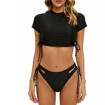Women's Solid Color 2 pc Bikini Set, High Cut Side Tie Swimwear with Cropped Top