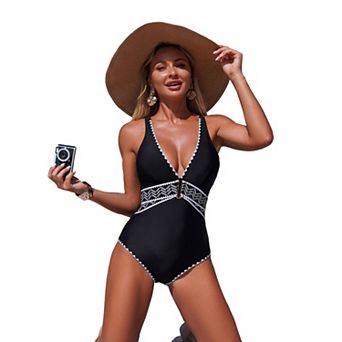 Women's Deep V Neck One Piece Swimsuit Contrast Trim Tummy Control Bathing Suit