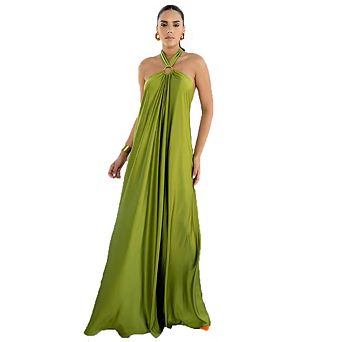Women's Halter Neck Satin Maxi Dress Elegant Flowy Evening Gown