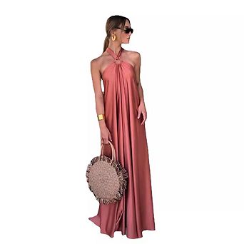 Women's Halter Neck Satin Maxi Dress Elegant Flowy Evening Gown