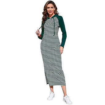 Seoria Hooded Long Sleeve Striped Maxi Dress with Pockets