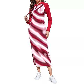 Seoria Hooded Long Sleeve Striped Maxi Dress with Pockets