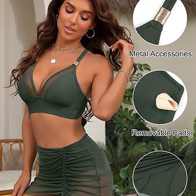 Mesh See Through Three Piece Bikini Set, Halter Push Up Swimsuit with Drawstring Beach Skirt