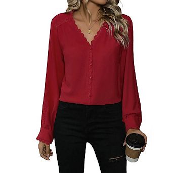 Women's Lace Long Sleeve Tops Button Down Shirts Dressy Casual Blouses Fall Fashion Clothes