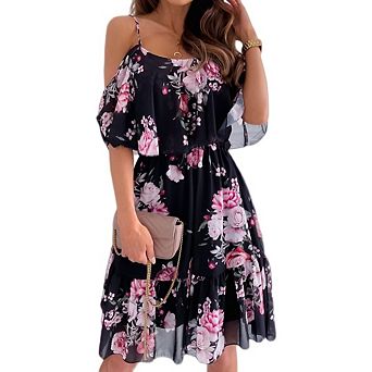 Womens Boho Dress Short Sleeve Floral Print Cold Shoulder Ruffle A Line Vacation Elegant Dress