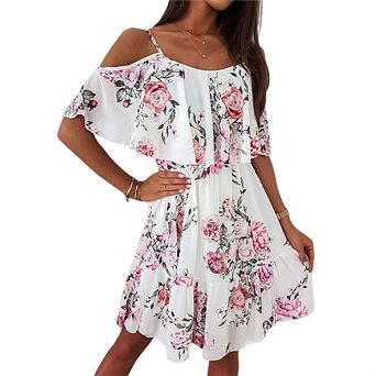 Womens Boho Dress Short Sleeve Floral Print Cold Shoulder Ruffle A Line Vacation Elegant Dress
