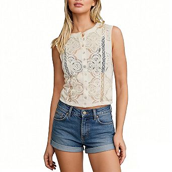 Women's Sleeveless Lace Button Down Crop Top Round Neck Tank Top Semi-Sheer Cropped Blouse