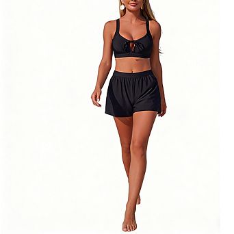 Women's High Waist Two Piece Swimsuit Tie Front Crop Top Flowy Swim Shorts Bathing Suit
