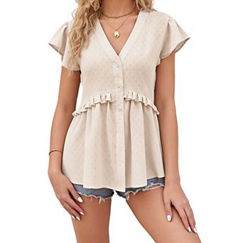Women's V Neck Ruffle Sleeve Blouse Casual Flowy Babydoll Shirt for Summer