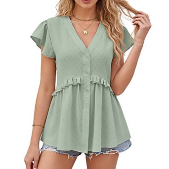 Women's V Neck Ruffle Sleeve Blouse Casual Flowy Babydoll Shirt for Summer