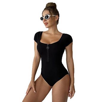 Zipper Short Sleeve One Piece Swimsuit, Square Neck Slim Fit Bathing Suit for Sun Protection