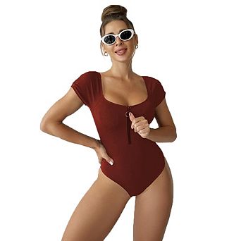 Zipper Short Sleeve One Piece Swimsuit, Square Neck Slim Fit Bathing Suit for Sun Protection