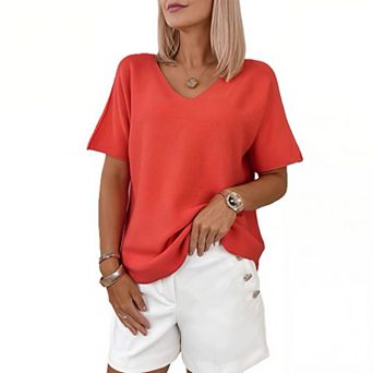 Women's V-Neck Short Sleeve Knit Top - Relaxed Casual Summer Sweater