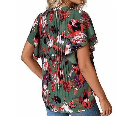 Women's Abstract Print V Neck Blouse, Ruffle Sleeve Pleated Casual Top