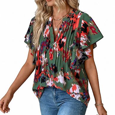 Women's Abstract Print V Neck Blouse, Ruffle Sleeve Pleated Casual Top
