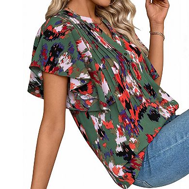 Women's Abstract Print V Neck Blouse, Ruffle Sleeve Pleated Casual Top