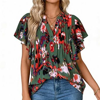 Women's Abstract Print V Neck Blouse, Ruffle Sleeve Pleated Casual Top
