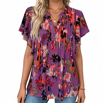 Women's Abstract Print V Neck Blouse, Ruffle Sleeve Pleated Casual Top