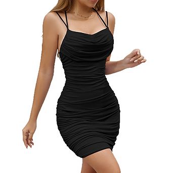 Women's Double Spaghetti Strap Cowl Neck Ruched Mini Dress Bodycon Club Dress