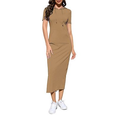 Women's Casual Short Sleeve Pullover Maxi Hoodie Dress Sweatshirt Long Dresses with Pockets