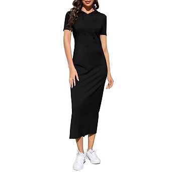 Women's Casual Short Sleeve Pullover Maxi Hoodie Dress Sweatshirt Long Dresses with Pockets
