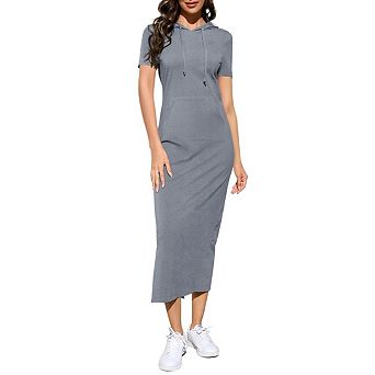 Women's Casual Short Sleeve Pullover Maxi Hoodie Dress Sweatshirt Long Dresses with Pockets