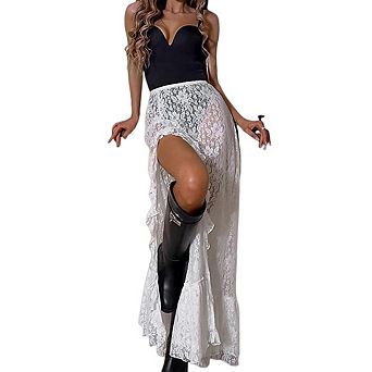 Womens Lace High Waist Y2K Asymmetrical Layered Flowy Fairy Beach Midi Skirt