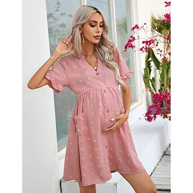 Maternity Swiss Dot V-Neck Dress Ruffle Sleeve Button Down Casual Dress with Pockets