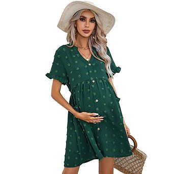 Maternity Swiss Dot V-Neck Dress Ruffle Sleeve Button Down Casual Dress with Pockets