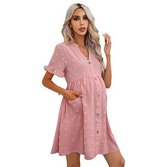Maternity Swiss Dot V-Neck Dress Ruffle Sleeve Button Down Casual Dress with Pockets