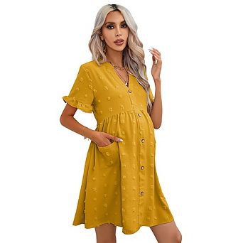 Maternity Swiss Dot V-Neck Dress Ruffle Sleeve Button Down Casual Dress with Pockets