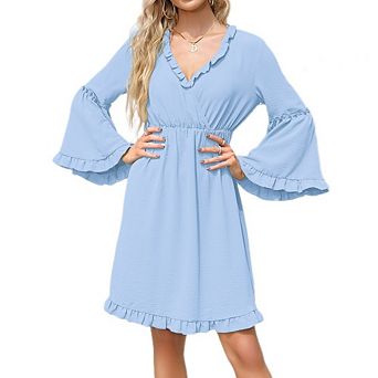 Women's V Neck Long Sleeve Cute Dress Ruffled Elastic Waist Mini Dress