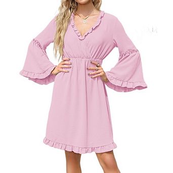 Women's V Neck Long Sleeve Cute Dress Ruffled Elastic Waist Mini Dress