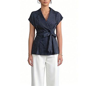 Women Belted Pinstripe Sleeveless Blouse Notched Lapel Double Breasted Vest Top