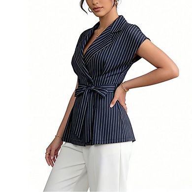 Women Belted Pinstripe Sleeveless Blouse Notched Lapel Double Breasted Vest Top