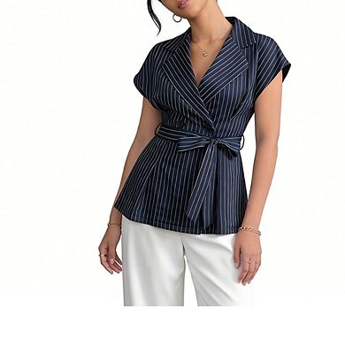 Women Belted Pinstripe Sleeveless Blouse Notched Lapel Double Breasted Vest Top
