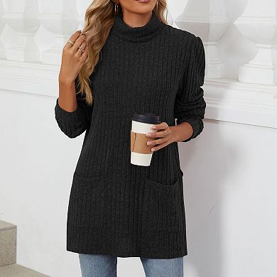 Women's Mock Neck Ribbed Knit Top Loose Fit Pullover Side Split Pocket Blouse