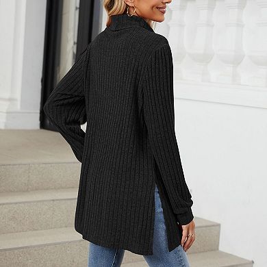 Women's Mock Neck Ribbed Knit Top Loose Fit Pullover Side Split Pocket Blouse