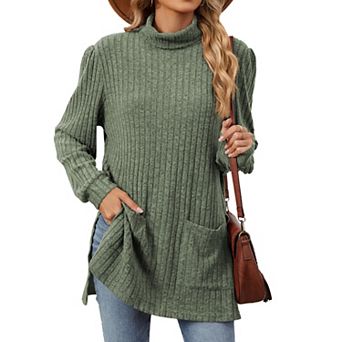 Women's Mock Neck Ribbed Knit Top Loose Fit Pullover Side Split Pocket Blouse