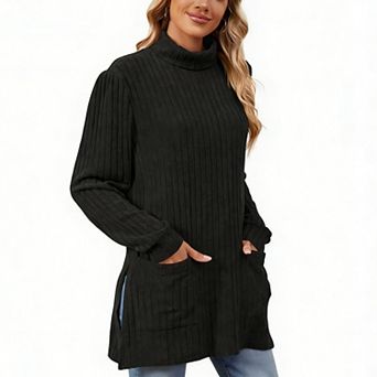 Women's Mock Neck Ribbed Knit Top Loose Fit Pullover Side Split Pocket Blouse