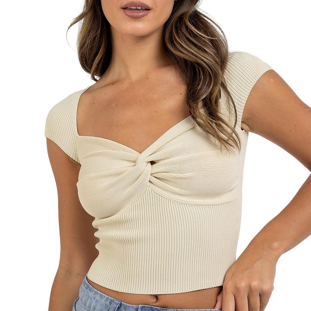 Women's Twist Front Cap Sleeve Crop Top Sweetheart Neck Rib Knit Fitted ...