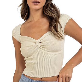 Women's Twist Front Cap Sleeve Crop Top Sweetheart Neck Rib Knit Fitted Top Cropped Summer Knitwear