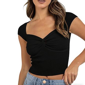 Women's Twist Front Cap Sleeve Crop Top Sweetheart Neck Rib Knit Fitted Top Cropped Summer Knitwear