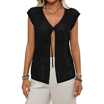 Seoria Crochet Knit Tie Front V Neck Short Sleeve Hollow Out Sweater Vest Cardigan