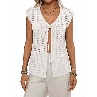 Seoria Crochet Knit Tie Front V Neck Short Sleeve Hollow Out Sweater Vest Cardigan