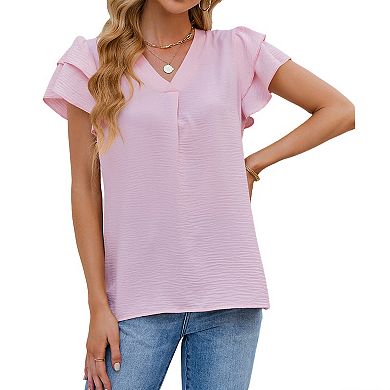 Womens Ruffle Short Sleeve Pleated V Neck Chiffon Boho Blouse Summer Casual Top Work Business Shirts