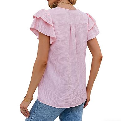 Womens Ruffle Short Sleeve Pleated V Neck Chiffon Boho Blouse Summer Casual Top Work Business Shirts