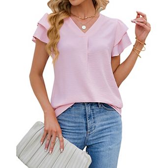 Womens Ruffle Short Sleeve Pleated V Neck Chiffon Boho Blouse Summer Casual Top Work Business Shirts